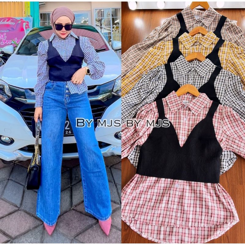 Top Vest VANESA Import bahan katun kotak mix vest rajut Ld 100-108 Vest bisa dilepas