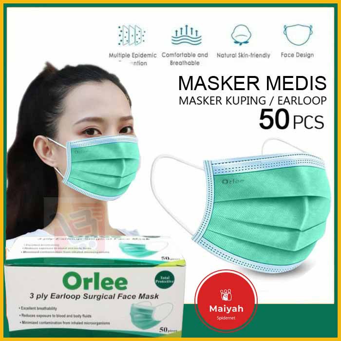 Masker 3ply 3 ply emboss embos ebos Orlee isi 50 pcs Hijau Green Medis Earloop Kemenkes ORI ORIGINAL