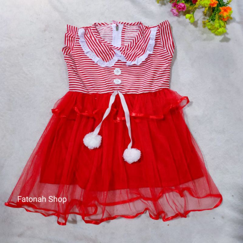 Dress anak 1 2 tahun baju tutu anak gaun anak murah merah kuning gandul pom (dress gandul pom-pom )