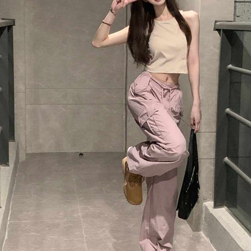 Suhao Serut Pinggang Tinggi Merah Muda Overall Celana Kasual Wanita Musim Panas Saku Celana Mahasiswa Slim Versi Korea Lurus Lebar Kaki Celana Panjang