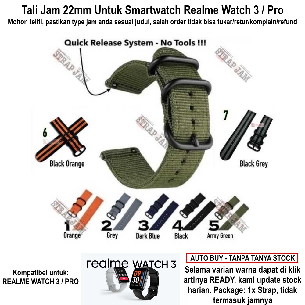 Stitching Tali Jam Realme Watch 3 / Pro 2022 - Strap 22mm Nilon Nylon 3 Buckle Army Look