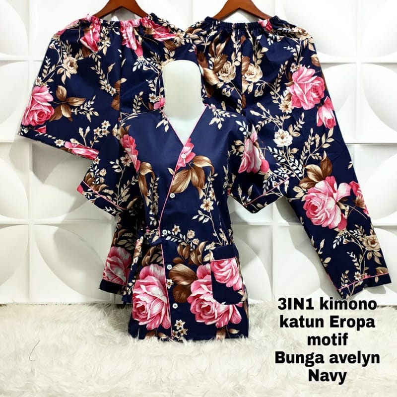 BAJU TIDUR WANITA / PIYAMA WANITA  3IN1 KIMONO TERMURAH MOTIF