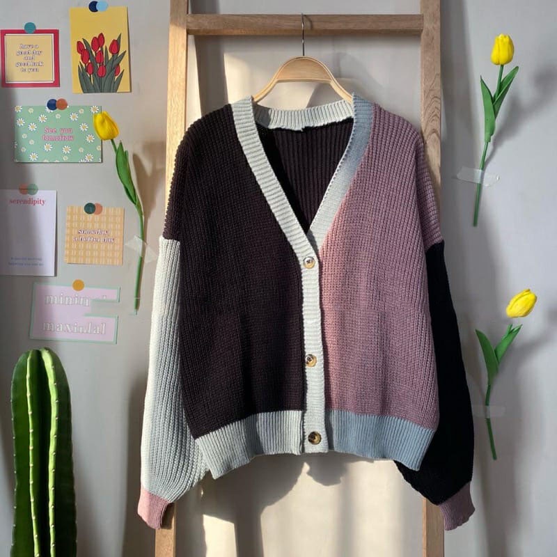COD - HELEN CARDIE | CARDIGAN RAJUT TWIST PREMIUM | OUTER OUTERWEAR KNIT MIX WARNA KOMBINASI | KARDIGAN TEBAL HIGH QUALITY.helena-Hitam Pink