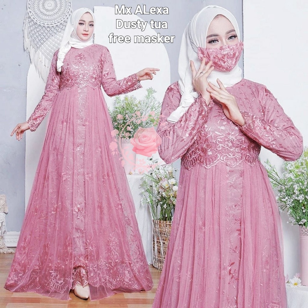 Gamis brokat terbaru mewah/ MX ALEXA/ GM Gamis pesta elegan /Gamis putih brukat tile / Dress brukat Tulle organza keliling premium