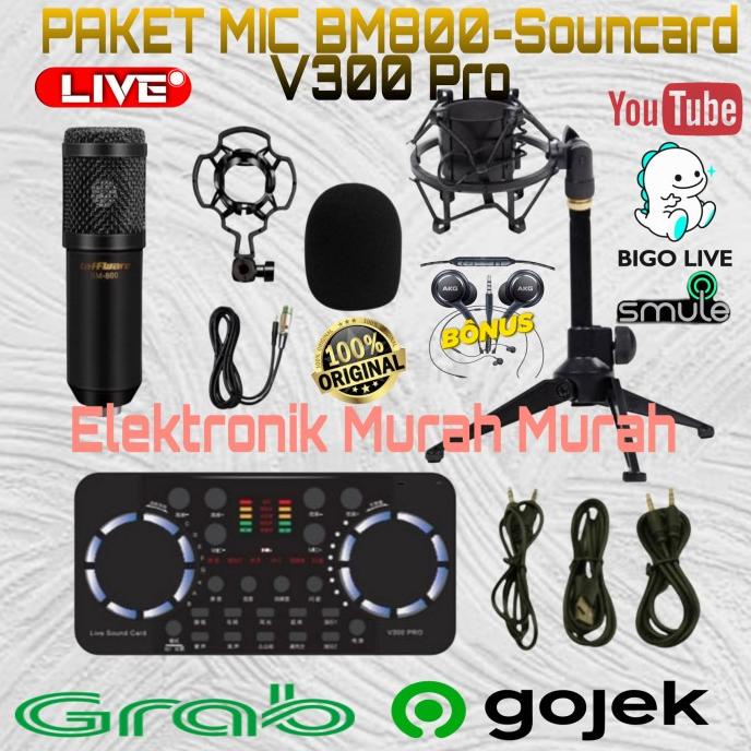 PAKET Mic BM800 BM 800 BM-800 Live Streaming Soundcard V300 Pro - Hitam