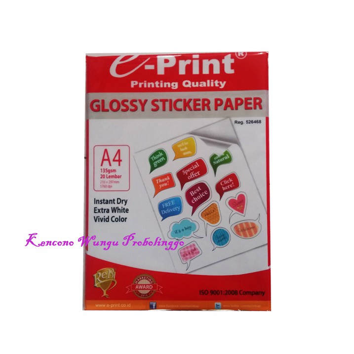 

Kertas Sticker Glossy Eprint A4 135gsm isi 20lembar