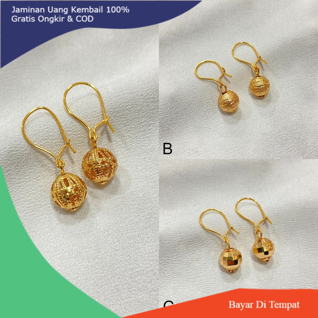Anting Gantung Bola Kerawang Lapis Emas - Yaxiya Jewelry