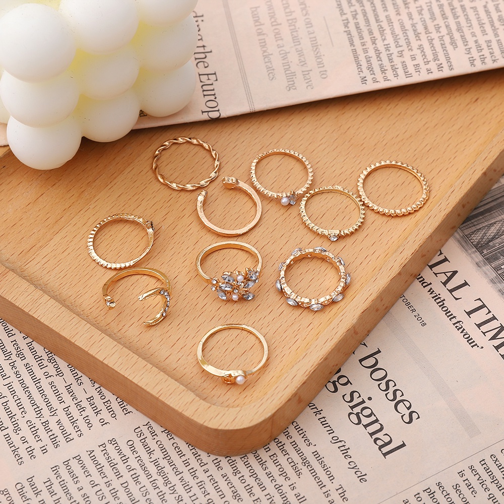 【COD Tangding】10pcs/set Star and Moon Ring Set with Diamond and Pearl Bohemian Ring Set with Jewelry Fashion