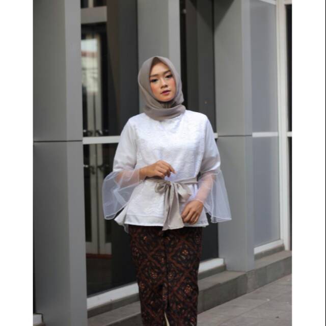 Blouse Tulle Bordir Brokat Wanita Putih M L XL XXL