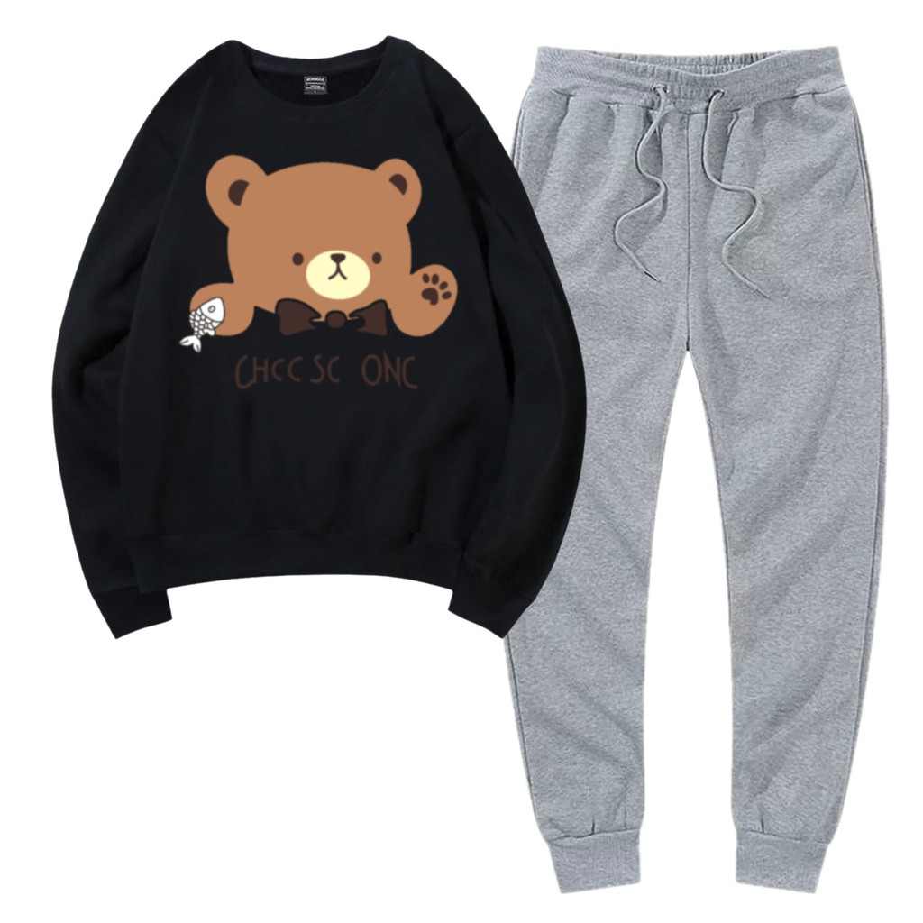 BESS - Baju Setelan Wanita Murah / Setelan Sweater + Jogger Abu - BEAR ONE