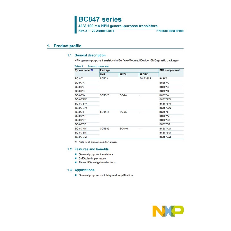 Transistor BC847 SOT-123 BC847C 1GW SOT123 BC847 SMD ORI NXP NEXPERIA