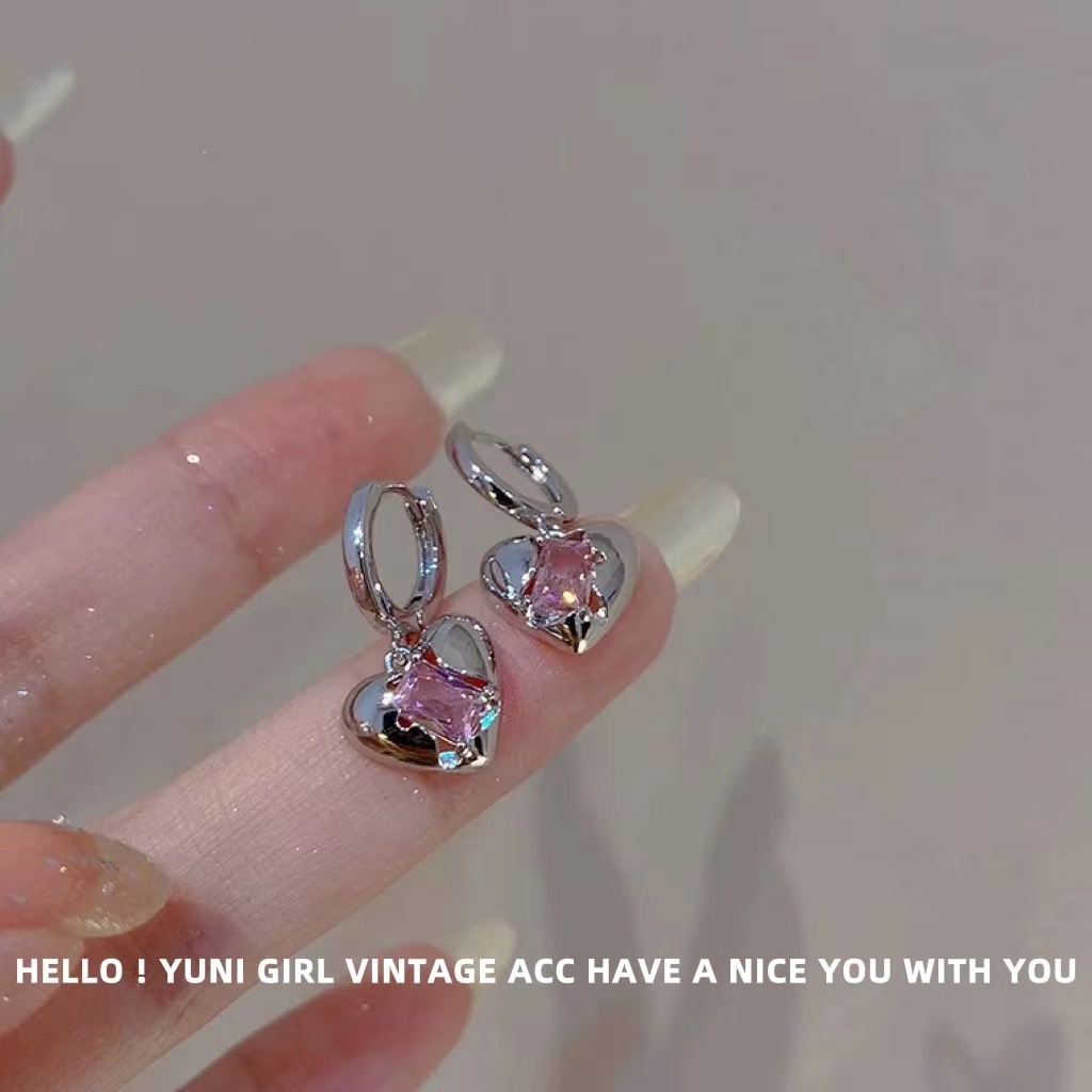 Anting Hoop Silver 2k Bentuk Hati Hias Batu Permata Pink Untuk Wanita