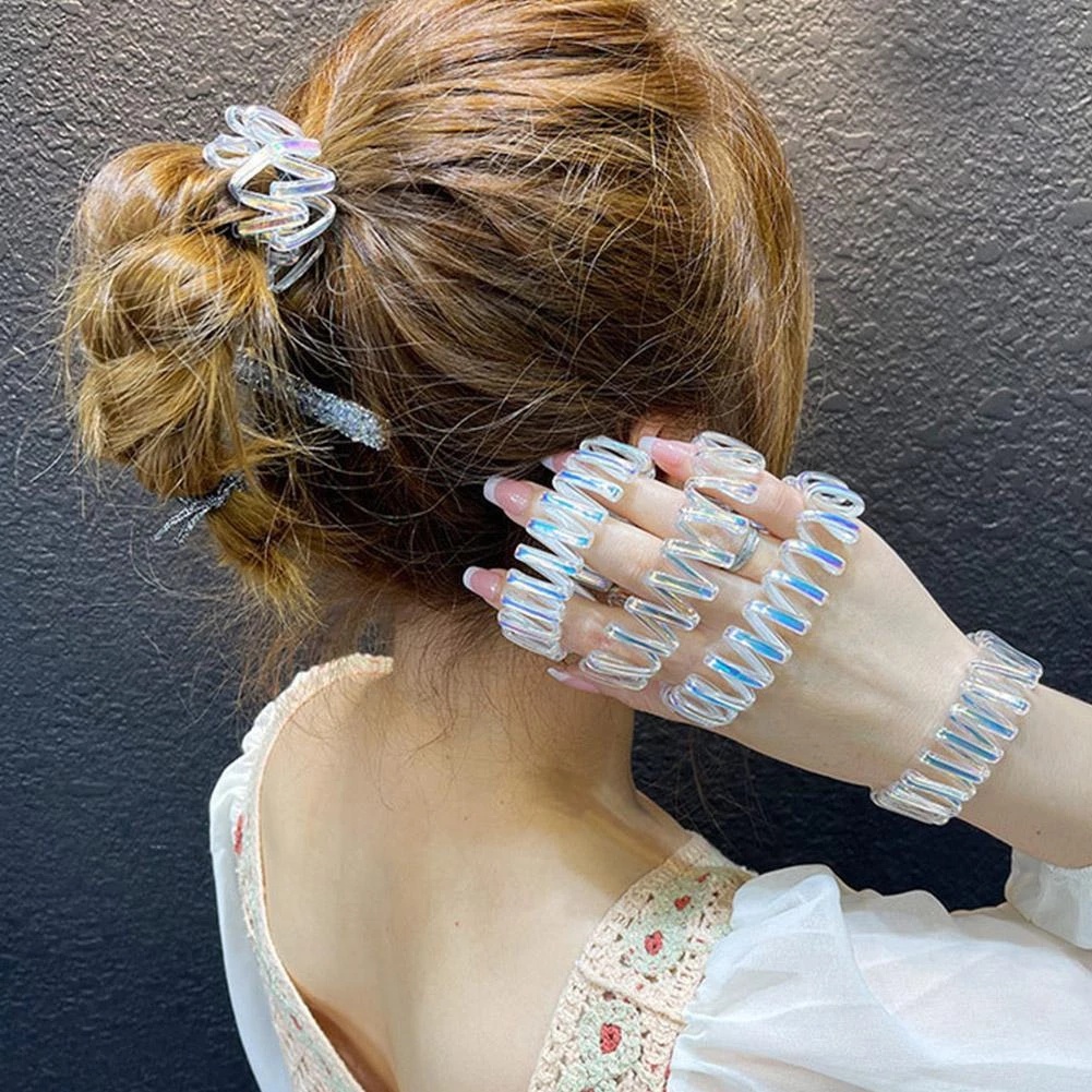 Korean INS Mermaid Phone Line Hair Ties Rope / Fashion Wide-brimmed Telephone Line Hair Ring / Women Elastic Rubber Hair bands / Girls Seamless Head Rope Bracelet Hair Accessories