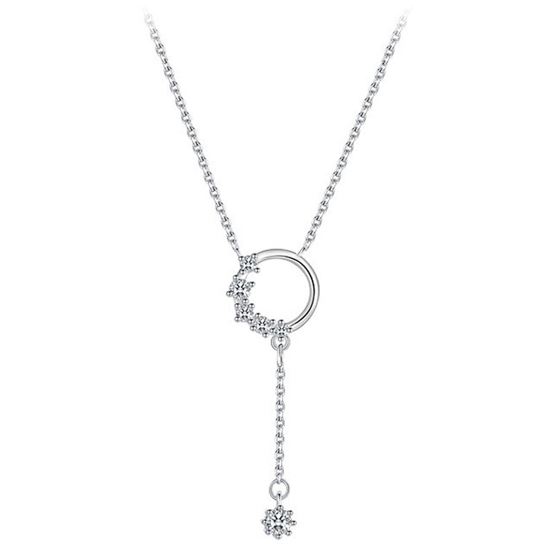 Perhiasan Fashion Wanita Kalung Baja Titanium Perak Rantai Klavikula Liontin Rumbai Zirkon Bunga