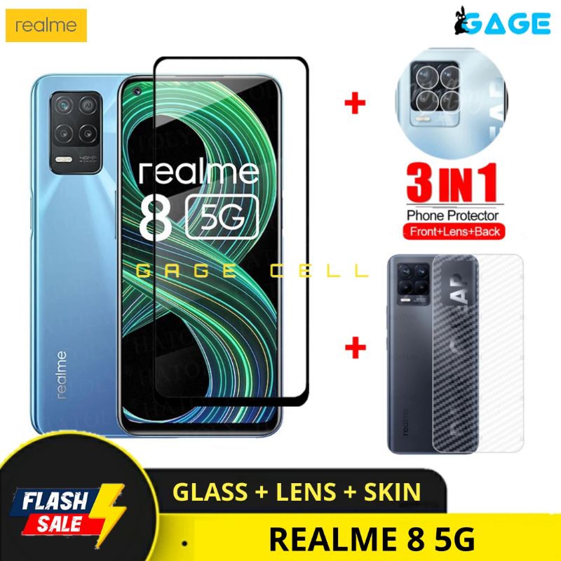 3IN1 TEMPERED GLASS LAYAR KAMERA SKIN CARBON REALME 8 5G TG ANTI GORES FULL SCREEN PROTECTOR