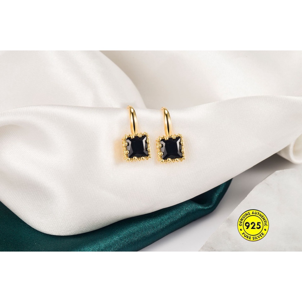 Anting Sterling Silver Bentuk Persegi Aksen Zircon Gaya Retro Perancis