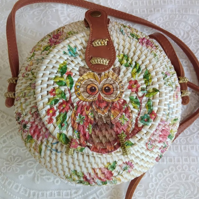 

Tas Rotan Mode Kendi Lukis / Decoupage Owl 20cm