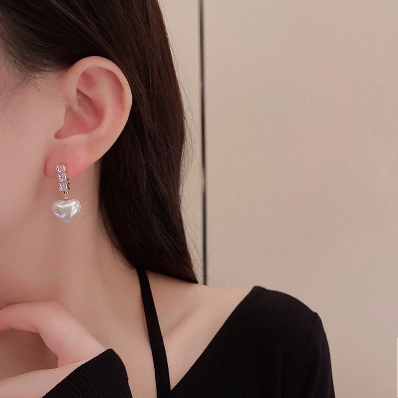 Anting Tusuk Sterling Silver 925 Desain Hati Hias Zircon + Mutiara Gaya Mewah Untuk Wanita