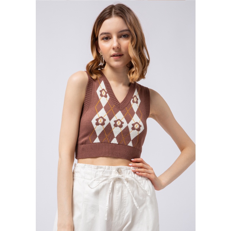 COLORBOX Argyle Patterned Crop Vest Brown