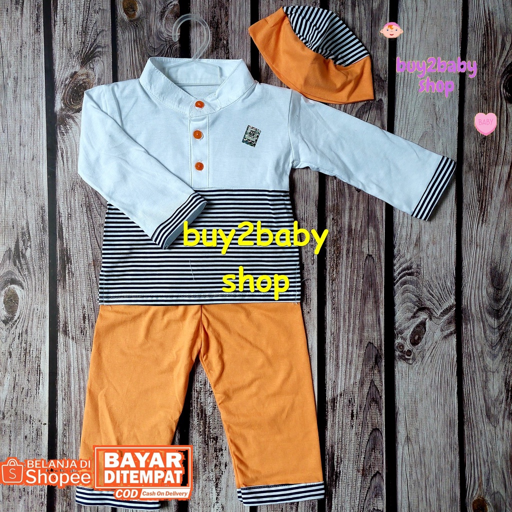 Baju lebaran bayi set baju koko plus peci motif salur warna Vinata 6-12 Bulan 1 set