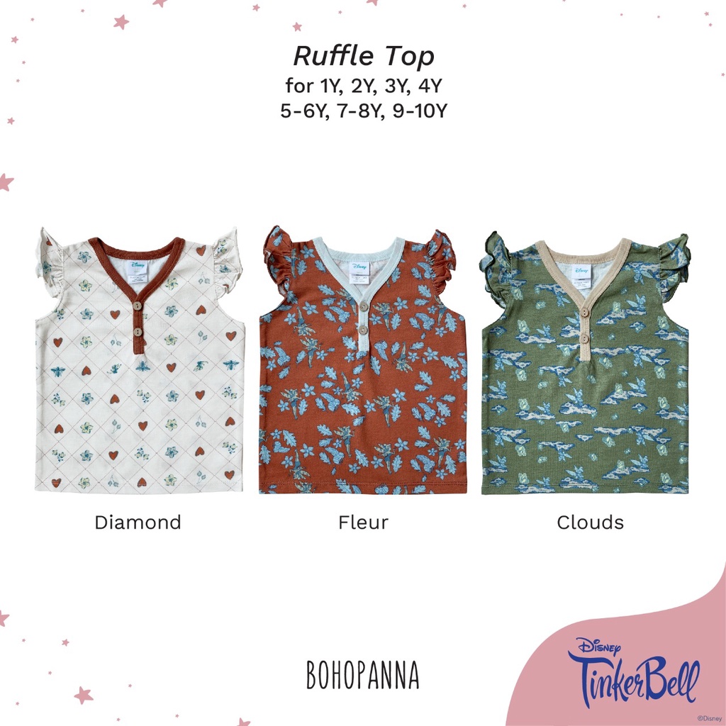 BOHOPANNA x DISNEY TINKER BELL RUFFLE TOP PRINT ATASAN BAYI ATASAN ANAK PEREMPUAN BOHOBABY 0-10 Tahun