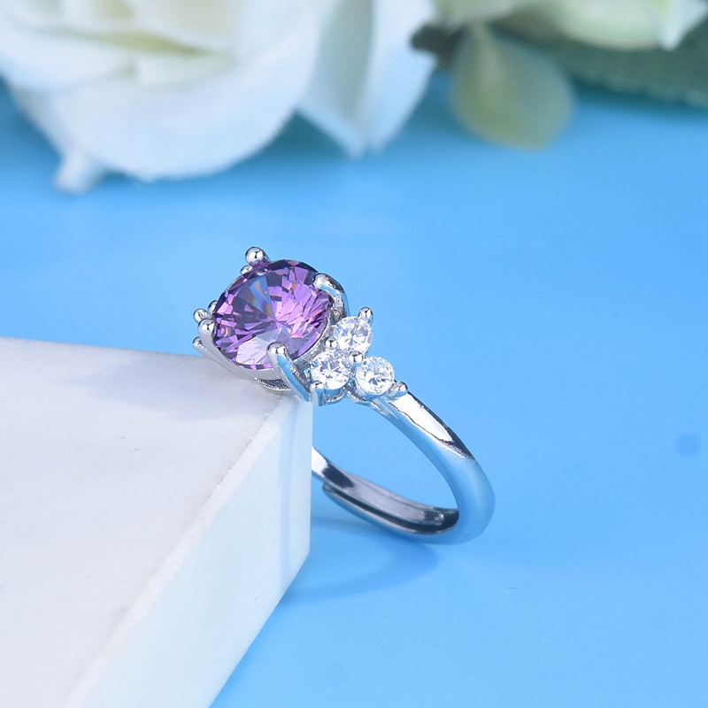 Cincin Silver Hias Cubic Zircon Ungu Gaya Romantisminimalis Berkilau Untuk Wanita