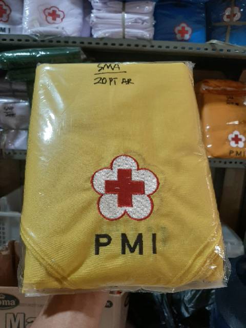 Syal PMI dan PMR kuning biru putih hijau bordir TETORON