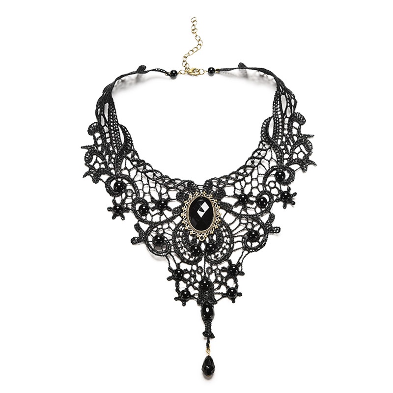 Kalung Choker Bahan Lace Warna Hitam Gaya Victorian / Steampunk / Gothic Untuk Wanita