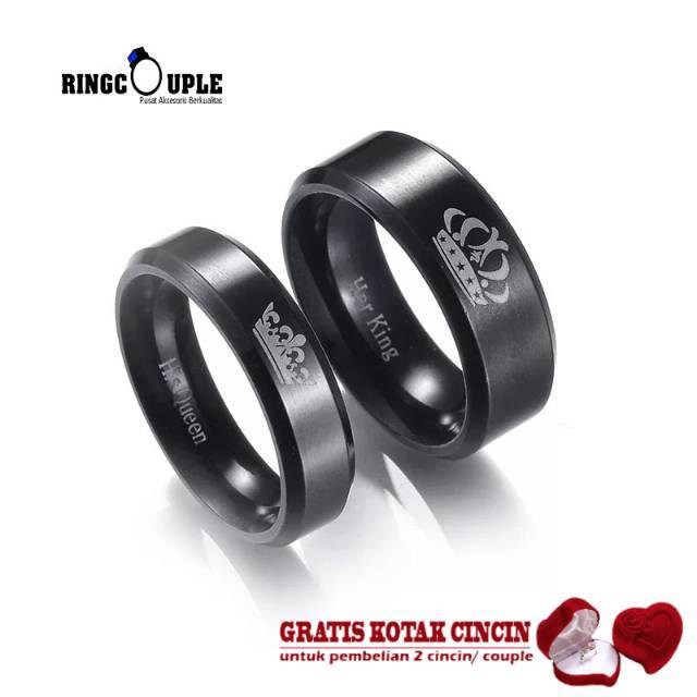 Cincin Couple Black King Queen Titanium Original 100% Anti Pudar (GRATIS BOX)