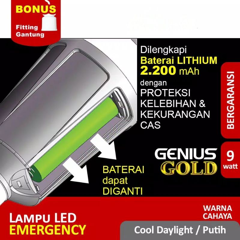 Lampu Emergency Hannoch LED 9 watt Genius AC/DC