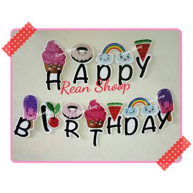 Banner bunting flag happy birthday ulang tahun ultah karakter ice cream es krim donat