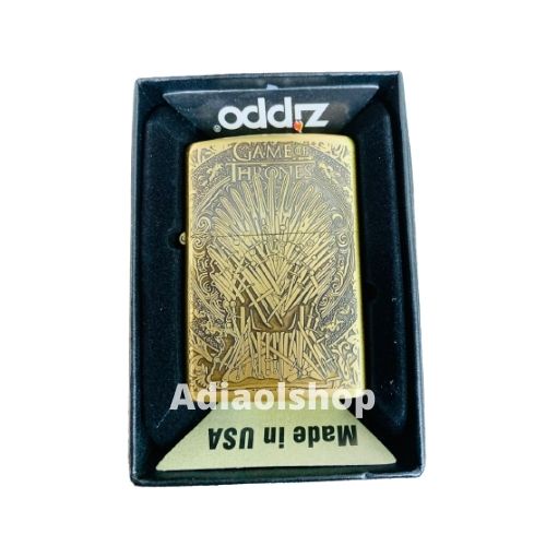 Paket lengkap korek Zippo Gold Motif Game Of Throne plus minyak kapas batu sumbu karet tutup zippo