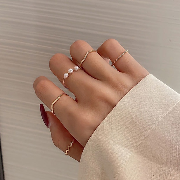 5pcs / Set Cincin Mutiara Gaya Korea Untuk Wanita