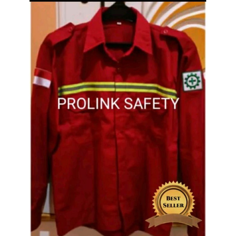 SERAGAM SAFETY MERAH KANCING SCOTLIGHT HIJAU