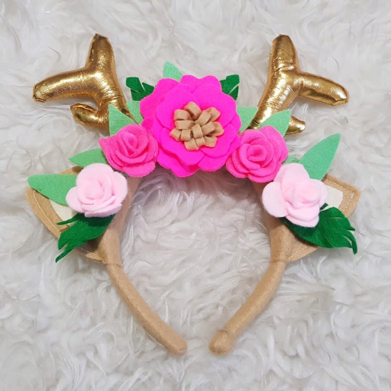 Bando Rusa Bunga Pink Tanduk Gold Unicorn Floral Flower Bando Natal Rusa