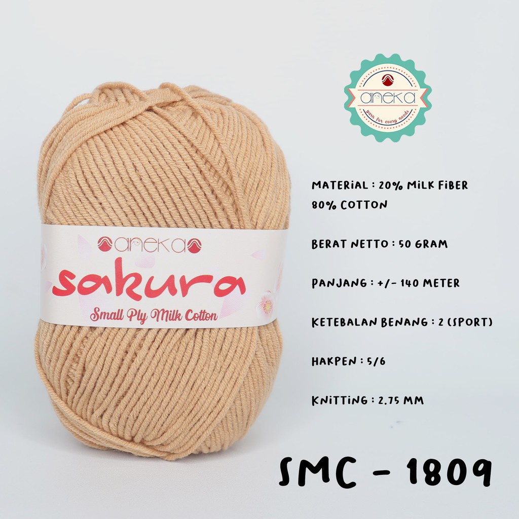 Benang Rajut Katun Susu 4 Ply / Sakura SMALL PLY Milk Cotton Yarn - 1809 (Cokelat Muda)