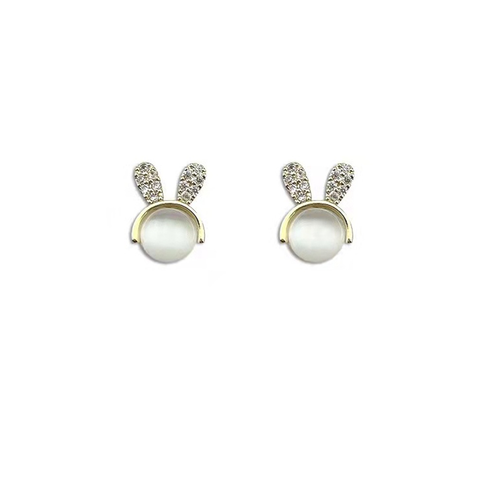 Anting Tusuk Bentuk Kartun Kelinci Aksen Opal Warna Putih Untuk Wanita