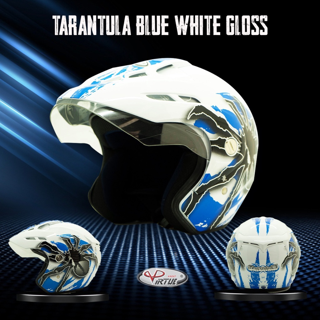 VIRTUE Helm Motor SNI Half Face Tarantula Blue White Gloss