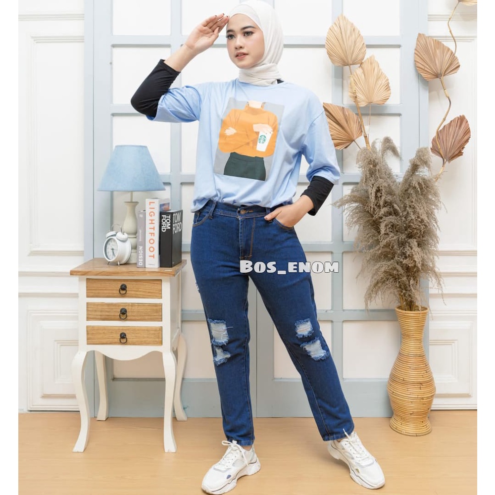 Gratis Ongkir Celana jeans wanita sobek dark blue sobek tidak terlihat ada lapisan furing celana jins high waist robek kekinian tiktok shop kekinian hijab ala korea viral tiktok 2022 murah cewek gendut  love imort celana jeans wanita ootd trend jens boyfr