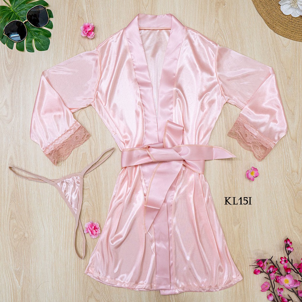 [SIAP DIKIRIM] BAJU TIDUR WANITA DEWASA LINGERIE SEXY KIMONO SATIN PEACH KL15I