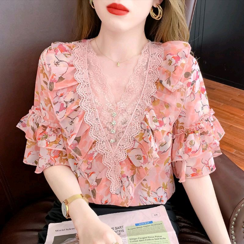 7292 Baju atasan blouse lengan pendek ruffle motif bunga flower floral pink hijau Korean style kerah