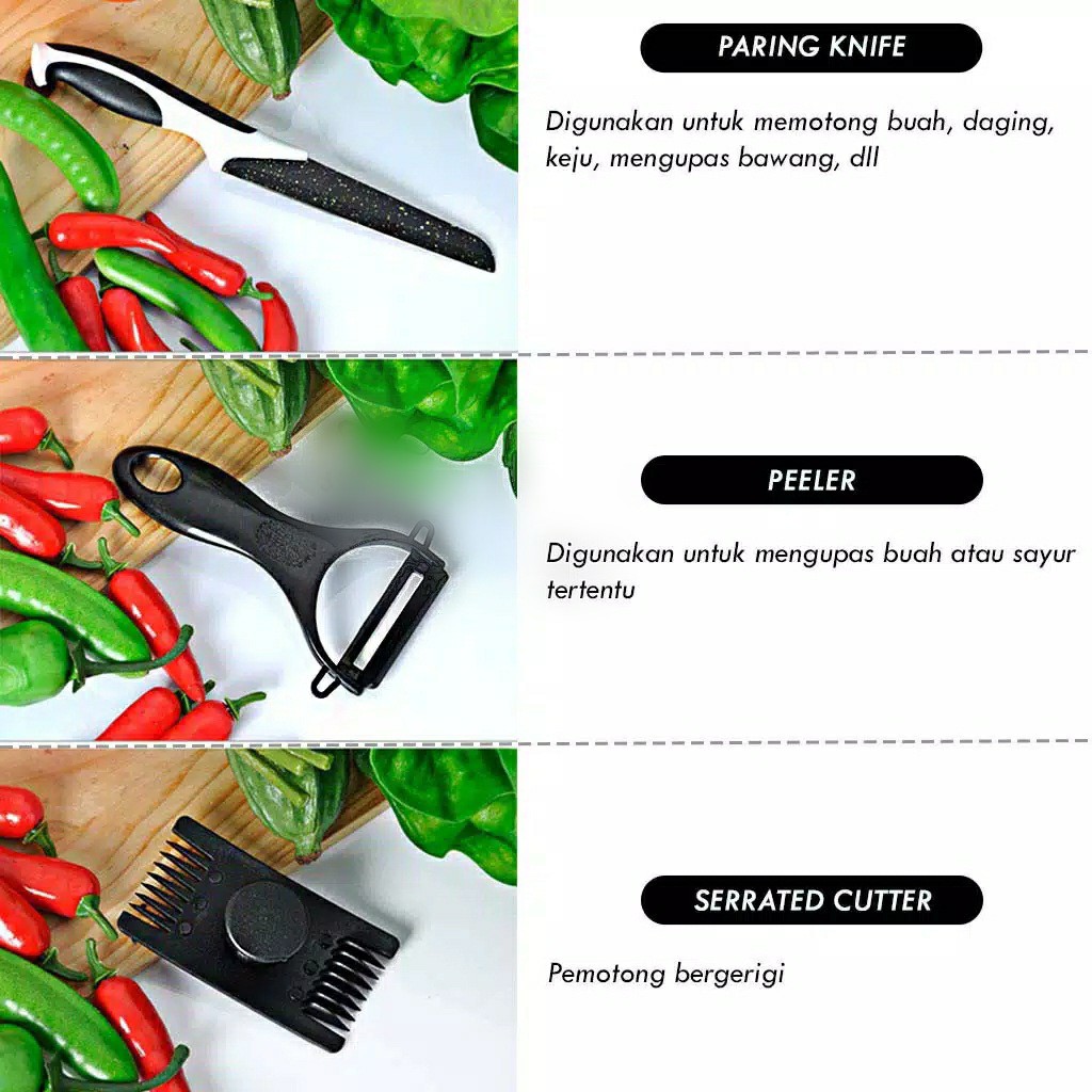 Pisau Dapur Set 5 Pcs + 1 Ceramic Peeler HITAM