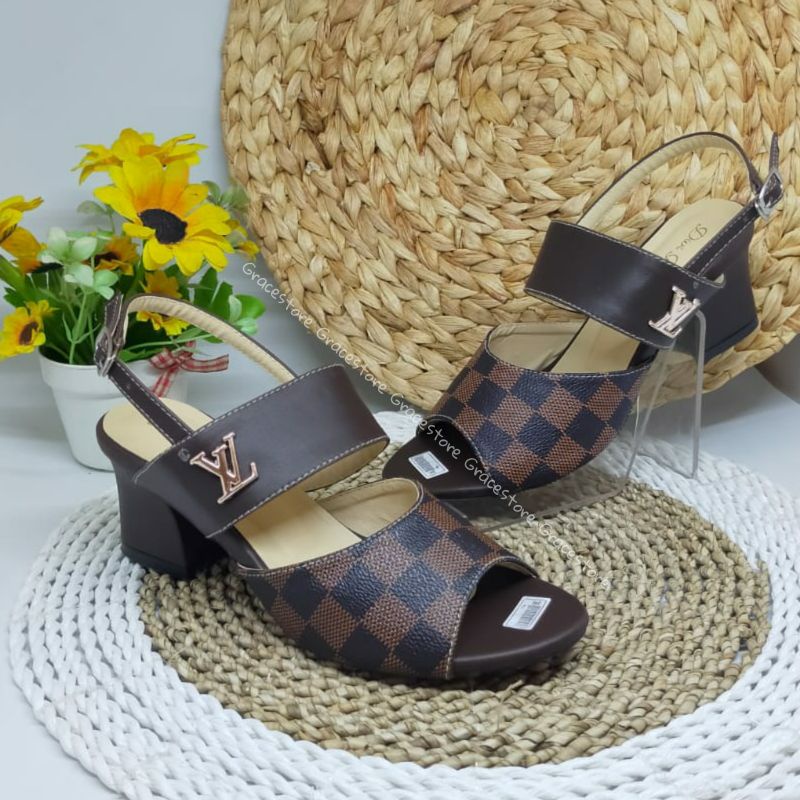 Sandal Tali belakang elvi damier hak tahu High heels cokelat Heels wanita  Pd318