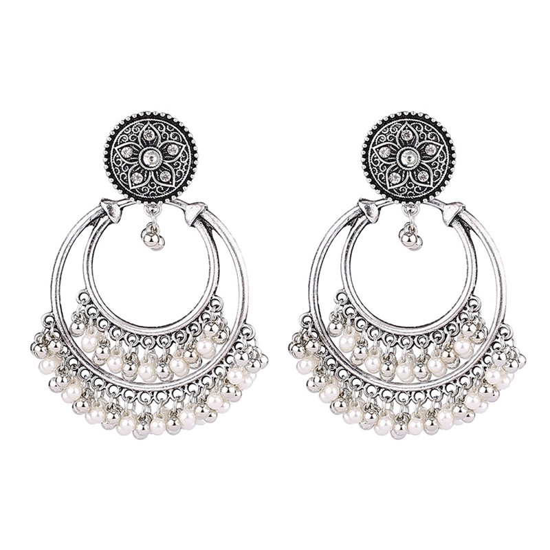 Anting Rumbai Manik-Manik Mutiara Bentuk Bulat Warna Silver Gaya Retro Indian Jhumka Untuk Wanita