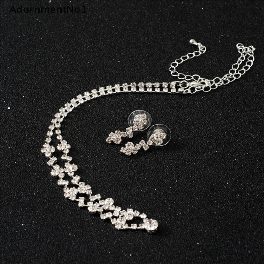 (AdornmentNo1) Set Kalung + Anting Gantung Tusuk Aksen Kristal Warna Silver Untuk Perhiasan Wanita / Bridesmaid