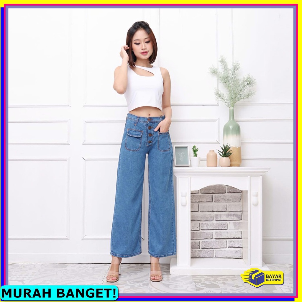 Farah Trendy - Clara Ripped Highwaist Jeans Premium - Celana Kulo ZN350 Fwr - Kulot Jeans Button Fin