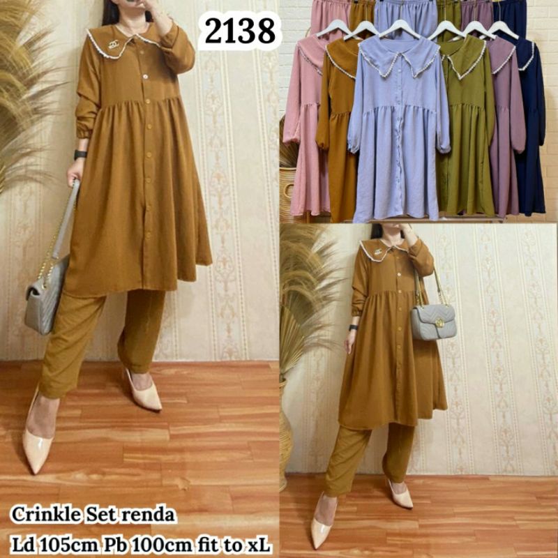 Setelan Celana Oneset Setcel Crinkle Kerah Korea Kombinasi Renda by Felior
