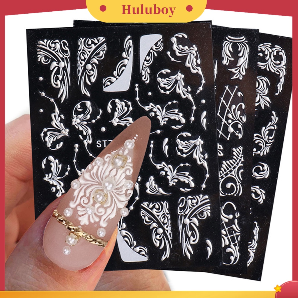Huluboy Huluboy♡ Stiker Kuku Motif Bunga Timbul 5D Warna Putih Gaya Retro Untuk Dekorasi Manicure