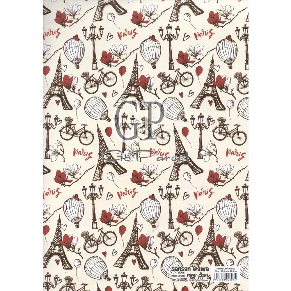 ( 5 Lembar ) PARIS SANWA - KERTAS KADO - GIFT WRAP PAPER SANSAN WAWA EIFFEL TOWER / EUROPE / ROMANTIC CUTE VINTAGE CLASSIC ROMANCE WEDDING