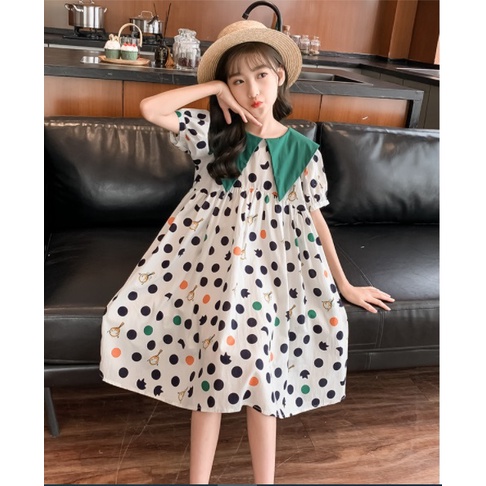 DRESS Anak cewek import 5TH-14TH TERUSAN PREMIUM- BOLA BOLA POLKADOT KERAH HIJAU